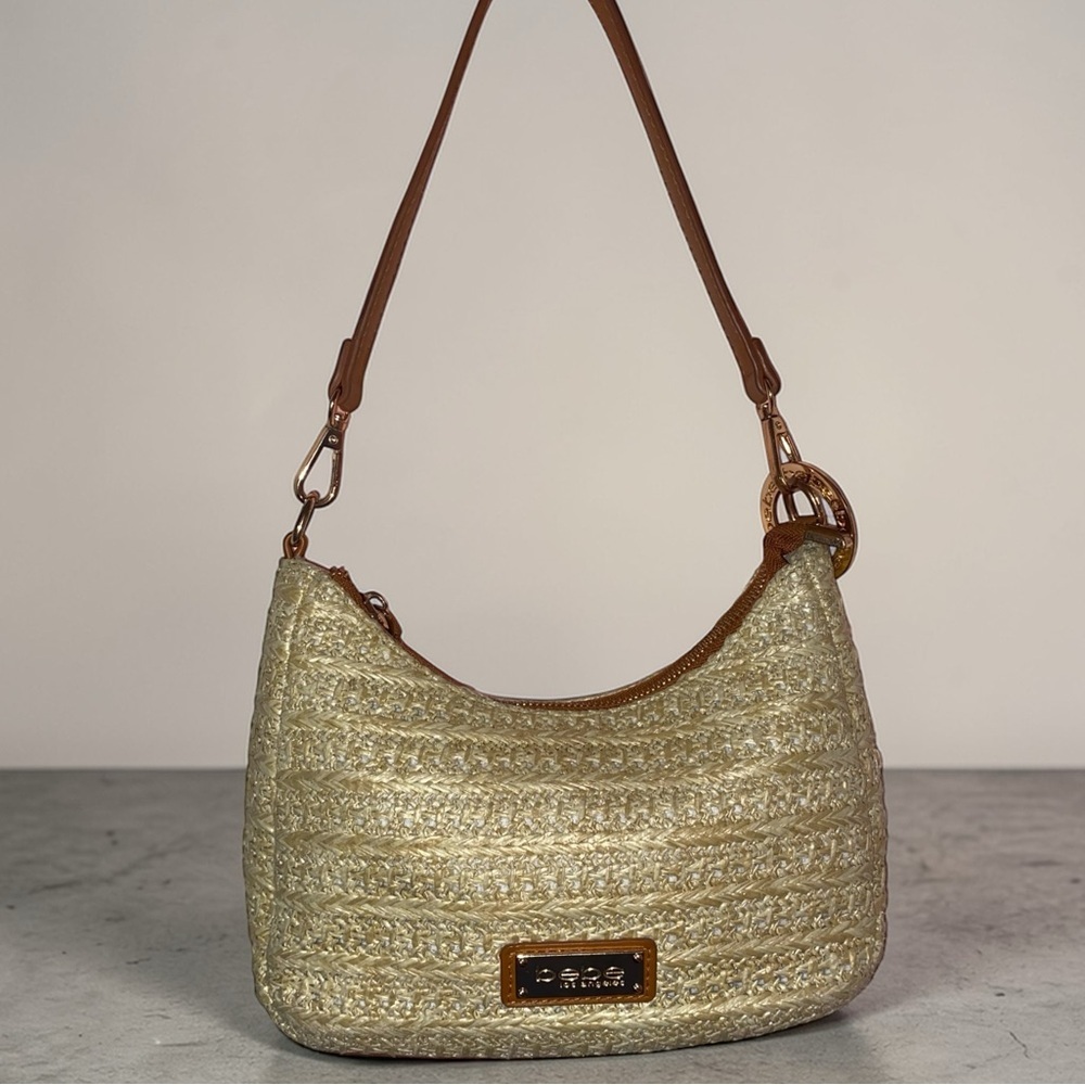 BEBE of LOS ANGELES “Eva” Small Woven Straw Shoulder Bag Single Strap Bag Tan